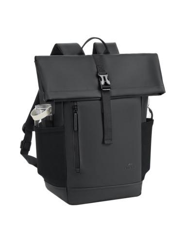 Rivacase eden plecak plecak rolowany czarny poliester, skóra woskowana (pull up)