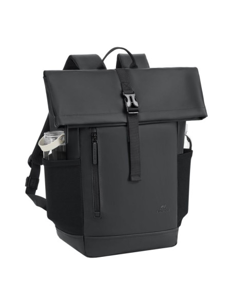 Rivacase eden plecak plecak rolowany czarny poliester, skóra woskowana (pull up)