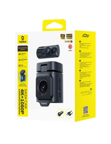 Wideorejestrator baseus primetrip vd1 pro kamera samochodowa 4k z kamerą tylną 1080p i zestawem zasilania - czarny