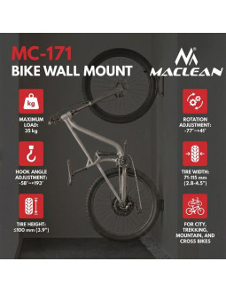 Maclean rowerowy uchwyt / wieszak ścienny, max. obciążenie 35kg, regulacja kąta pochylenia, stal mc-171