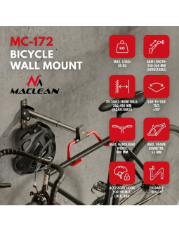 Maclean rowerowy uchwyt / wieszak ścienny, poziomy, stal, max. obciążenie 30kg, regulacja kąta mc-172