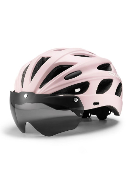 Kask rowerowy rockbros z szybką, odpinane okulary z ochroną uv, odłączany daszek, unisex - różowy
