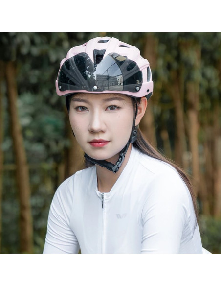 Kask rowerowy rockbros z szybką, odpinane okulary z ochroną uv, odłączany daszek, unisex - różowy