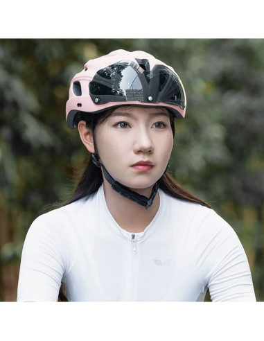 Kask rowerowy rockbros z szybką, odpinane okulary z ochroną uv, odłączany daszek, unisex - różowy
