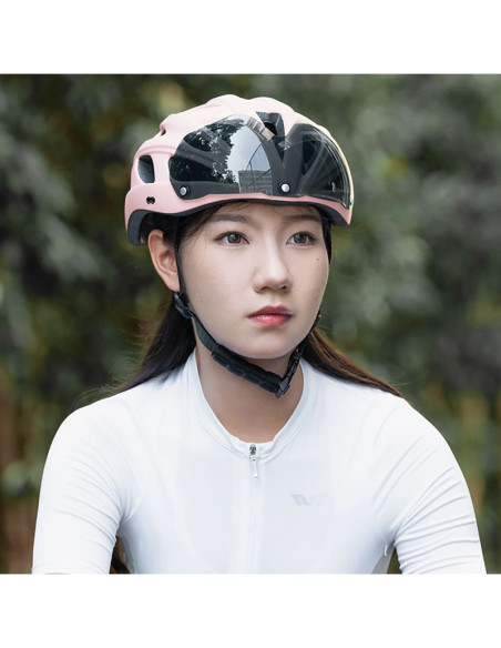 Kask rowerowy rockbros z szybką, odpinane okulary z ochroną uv, odłączany daszek, unisex - różowy