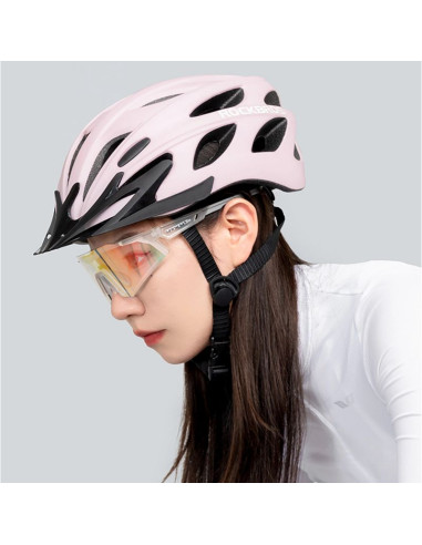 Kask rowerowy rockbros z szybką, odpinane okulary z ochroną uv, odłączany daszek, unisex - różowy