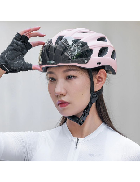 Kask rowerowy rockbros z szybką, odpinane okulary z ochroną uv, odłączany daszek, unisex - różowy