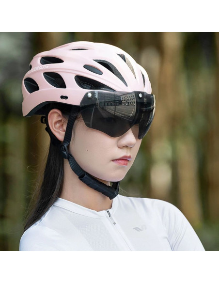 Kask rowerowy rockbros z szybką, odpinane okulary z ochroną uv, odłączany daszek, unisex - różowy