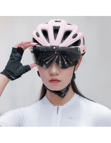 Kask rowerowy rockbros z szybką, odpinane okulary z ochroną uv, odłączany daszek, unisex - różowy